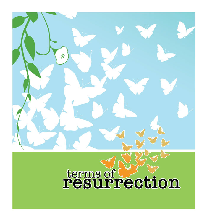 Terms of resurrection text on a green and blue background with butterfly silhouettes.